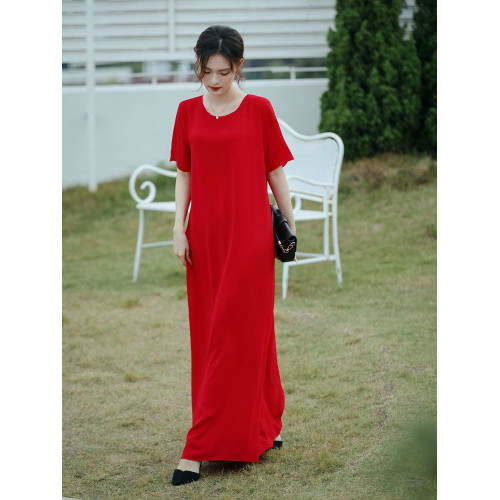 連衣裙女夏長款寬松極簡慵懶長裙短袖腳裸大碼裙氣質垂感遮肚裙