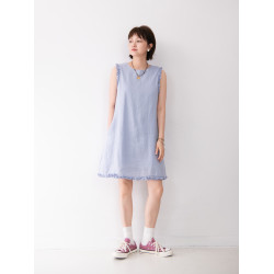 全亞麻日系木耳邊圓領A字版連衣裙女寬松百搭甜美文藝感背心裙