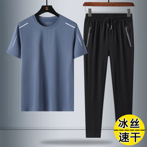 夏季短袖男t恤速乾休閒運動兩件套裝中老年冰絲父親中年爸爸男裝