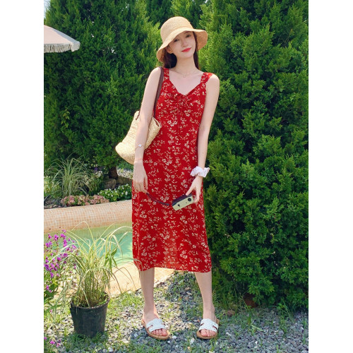紅色碎花無袖連衣裙夏季女2025新款法式復古優雅顯瘦中長款吊帶裙