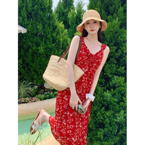 紅色碎花無袖連衣裙夏季女2025新款法式復古優雅顯瘦中長款吊帶裙