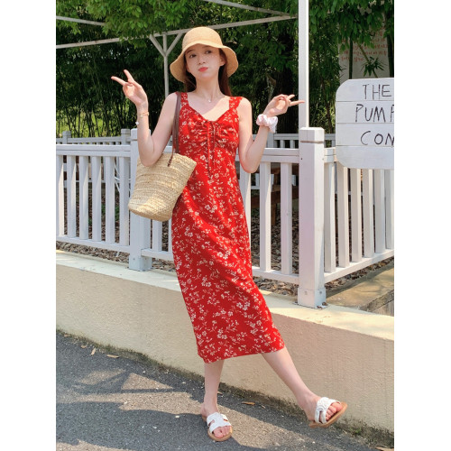 紅色碎花無袖連衣裙夏季女2025新款法式復古優雅顯瘦中長款吊帶裙