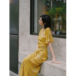 風家窄衆 桑蠶絲美裙集錦 藝術暈染真絲圍裹綁帶收腰連衣裙QZ1771