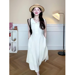 韓系純色蝴蝶結系帶連衣裙修身顯瘦設計感小衆氣質減齡中長款裙子