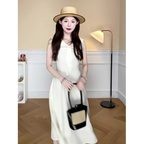 韓系純色蝴蝶結系帶連衣裙修身顯瘦設計感小衆氣質減齡中長款裙子