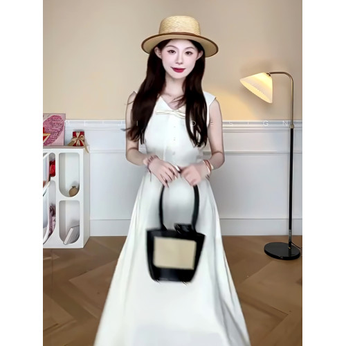 韓系純色蝴蝶結系帶連衣裙修身顯瘦設計感小衆氣質減齡中長款裙子