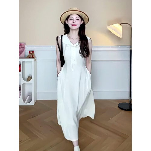 韓系純色蝴蝶結系帶連衣裙修身顯瘦設計感小衆氣質減齡中長款裙子