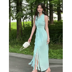法式氣質掛脖雪紡連衣裙女夏季小衆設計感荷葉邊收腰a字氣質長裙