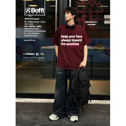 隂影就會被拋在身後原創小衆美式標語純棉重磅寬松情侶短袖男T恤