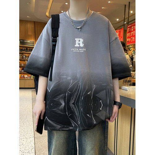 2025新款夏季印花免燙圓領落肩短袖男潮牌透氣百搭休閒寬松男T恤