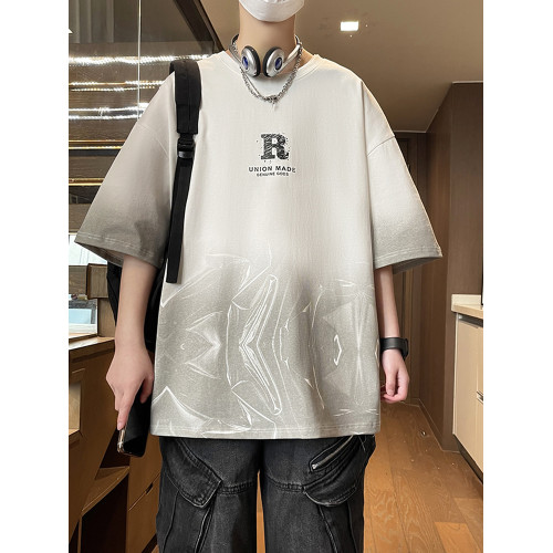 2025新款夏季印花免燙圓領落肩短袖男潮牌透氣百搭休閒寬松男T恤