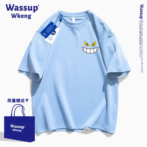 wassup聯名美式潮牌黑色純棉寬松短袖男t恤夏青少年學生半袖上衣