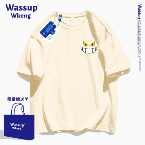 wassup聯名美式潮牌黑色純棉寬松短袖男t恤夏青少年學生半袖上衣