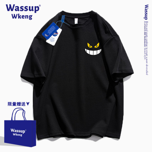 wassup聯名美式潮牌黑色純棉寬松短袖男t恤夏青少年學生半袖上衣