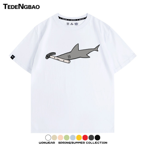 鎚頭鯊鯊魚卡通情侶裝短袖上衣服鎚子魚夏季純棉半袖搞笑男T恤衫