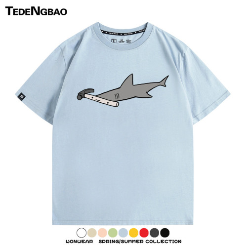 鎚頭鯊鯊魚卡通情侶裝短袖上衣服鎚子魚夏季純棉半袖搞笑男T恤衫