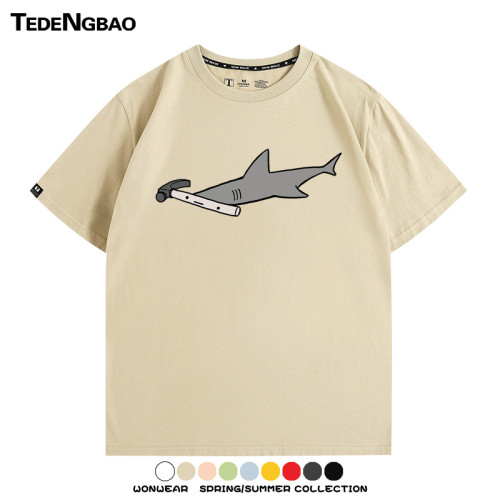 鎚頭鯊鯊魚卡通情侶裝短袖上衣服鎚子魚夏季純棉半袖搞笑男T恤衫