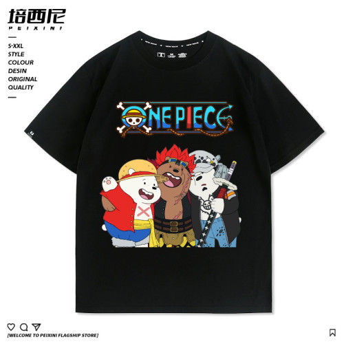 海賊王草帽團路飛索隆三衹裸熊喒們潮牌聯動漫寬松純棉短袖男T恤