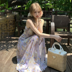 MSYOUCAN 韓劇女主浪漫海邊度假風連衣裙清新小碎花紫色掛脖長裙