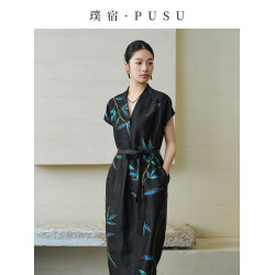 璞宿PUSU原創手繪竹葉香雲紗連衣裙龜裂紋桑蠶絲真絲長裙2025新款