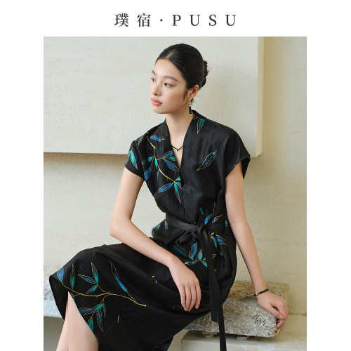 璞宿PUSU原創手繪竹葉香雲紗連衣裙龜裂紋桑蠶絲真絲長裙2025新款