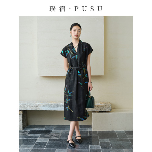 璞宿PUSU原創手繪竹葉香雲紗連衣裙龜裂紋桑蠶絲真絲長裙2025新款