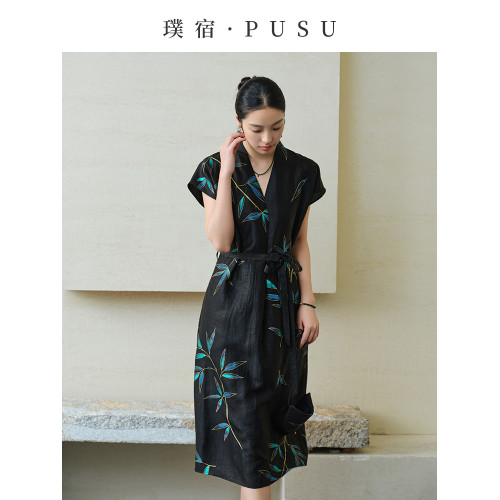 璞宿PUSU原創手繪竹葉香雲紗連衣裙龜裂紋桑蠶絲真絲長裙2025新款