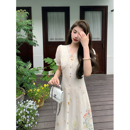 AM NANA法式氣質短袖連衣裙夏溫柔風顯瘦仙女裙小個子漂亮長裙子