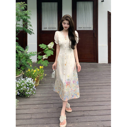 AM NANA法式氣質短袖連衣裙夏溫柔風顯瘦仙女裙小個子漂亮長裙子