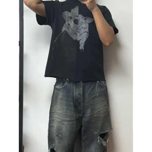 美式小衆erd憂鬱富二代拼接豬面人復古印花水洗做舊寬松短袖男t恤