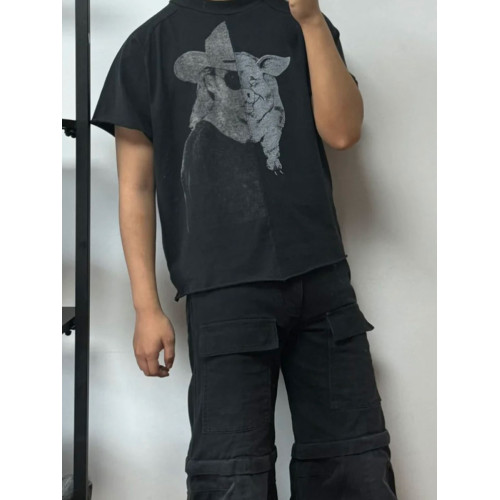 美式小衆erd憂鬱富二代拼接豬面人復古印花水洗做舊寬松短袖男t恤