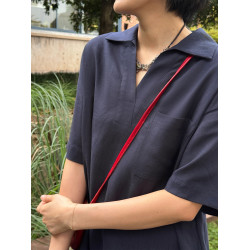 周浪清藍色亞麻法式連衣裙女2025新款夏季薄款翻領寬松中長款裙子