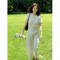 法式松弛感氣質收腰顯瘦連衣裙女2025夏新款短袖高級感優雅長裙子