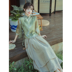 新中式禪意茶服旗袍兩件套日常改良漢服文藝國風顯瘦溫柔連衣裙夏