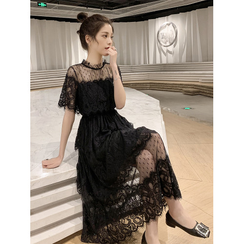 夏季2025新款網紗拼接收腰中長款蕾絲短袖連衣裙女溫柔chic仙女裙