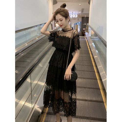 夏季2025新款網紗拼接收腰中長款蕾絲短袖連衣裙女溫柔chic仙女裙
