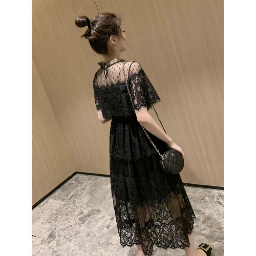 夏季2025新款網紗拼接收腰中長款蕾絲短袖連衣裙女溫柔chic仙女裙