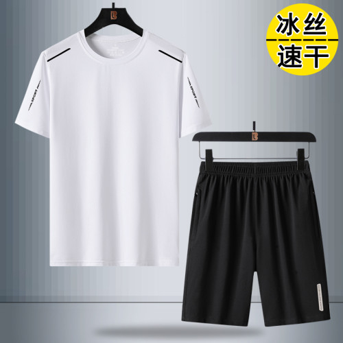 夏季短袖男t恤速乾休閒運動兩件套裝中老年冰絲父親中年爸爸男裝