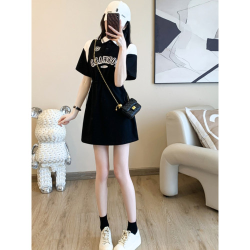 大碼黑白拼色T恤裙子女夏胖mm抽繩設計感收腰顯瘦休閒polo連衣裙