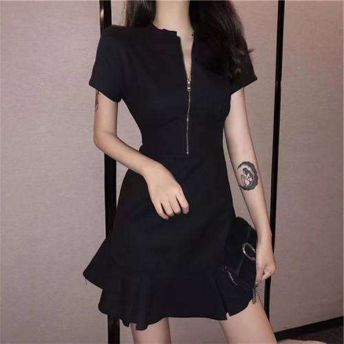 歐洲站新款韓版時髦設計感拉鍊小性感女神範氣質收腰魚尾連衣裙女