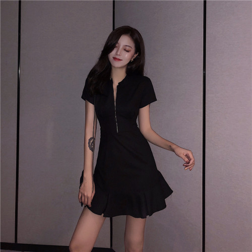 歐洲站新款韓版時髦設計感拉鍊小性感女神範氣質收腰魚尾連衣裙女