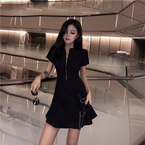 歐洲站新款韓版時髦設計感拉鍊小性感女神範氣質收腰魚尾連衣裙女
