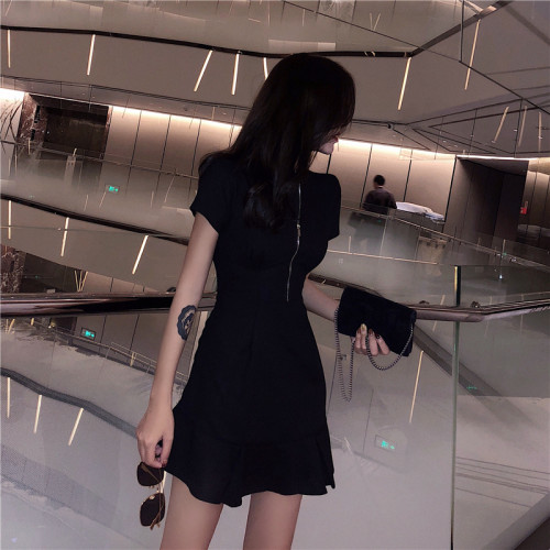歐洲站新款韓版時髦設計感拉鍊小性感女神範氣質收腰魚尾連衣裙女