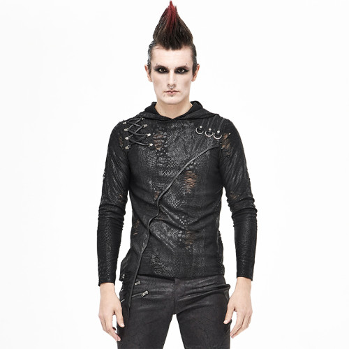 ╋魔歎╋DEVIL FASHION哥特賽博蒸汽龐克長袖連帽惡魔男T恤 TT164