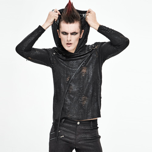 ╋魔歎╋DEVIL FASHION哥特賽博蒸汽龐克長袖連帽惡魔男T恤 TT164