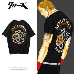 武裝戰線SKULLWORKS熱血高校小慄旬蛇形刺綉男款個性潮牌男T恤