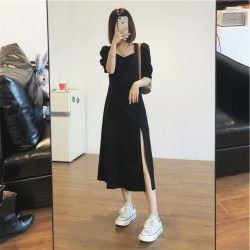 黑色連衣裙女夏季2025新款方領開叉小黑裙高級感顯瘦氣質法式裙子