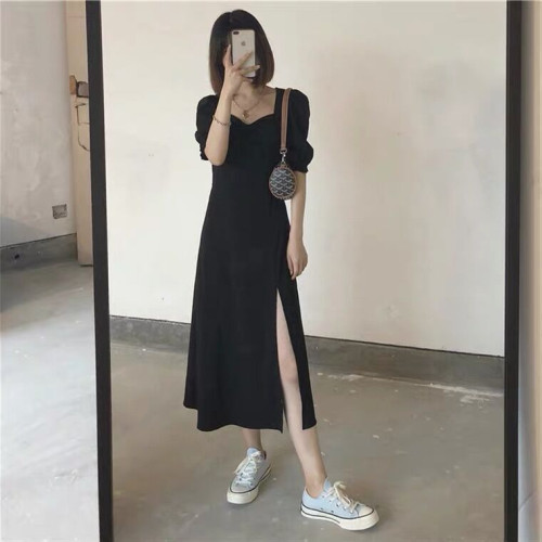 黑色連衣裙女夏季2025新款方領開叉小黑裙高級感顯瘦氣質法式裙子