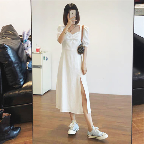 黑色連衣裙女夏季2025新款方領開叉小黑裙高級感顯瘦氣質法式裙子
