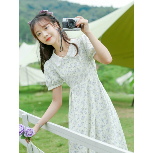 娃娃領少女法式高級感夏季女小個子學生2025新款春日碎花連衣裙子